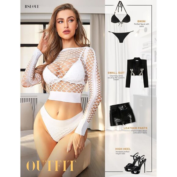 🆕Women White Mesh Fishnet Baby doll Lingerie Long Sleeve Sexy See-Through - Picture 3 of 5